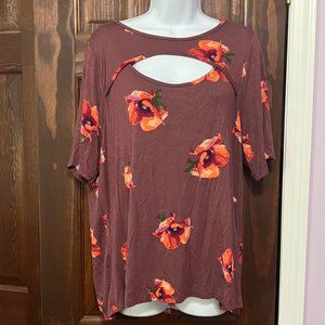 Kim & Cami Cut Out Orange Large Roses Flowers Floral Top